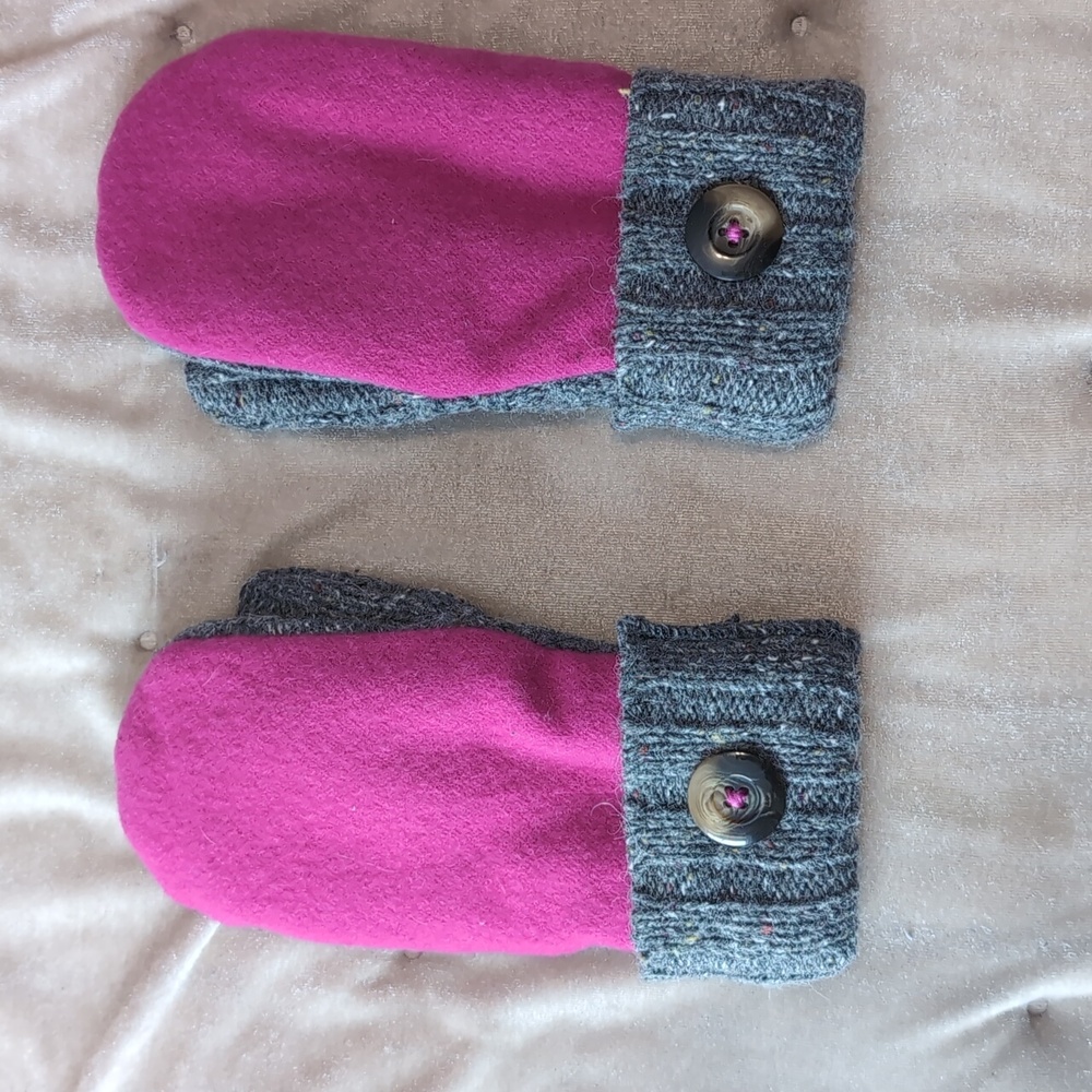 Pink and Grey Handmade Wool Fleece Lined Sweater Mittens